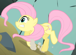 Size: 763x556 | Tagged: safe, screencap, fluttershy, pegasus, pony, dragonshy, g4, season 1, cropped, dirt, dust, folded wings, great moments in animation, mouth on side of face, rock, shocked, solo, tripping, wings
