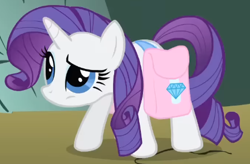 Size: 449x295 | Tagged: safe, screencap, rarity, pony, unicorn, dragonshy, g4, season 1, bag, cropped, crouching, eyeshadow, female, looking up, makeup, mare, mouth on side of face, saddle bag, solo, unsure