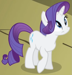 Size: 497x511 | Tagged: safe, screencap, rarity, pony, unicorn, dragonshy, g4, season 1, cropped, eyeshadow, female, high angle, looking up, makeup, mare, mouth on side of face, raised hoof, solo, standing