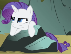 Size: 656x499 | Tagged: safe, screencap, rarity, pony, unicorn, dragonshy, g4, season 1, annoyed, cropped, female, leaning, mare, mouth on side of face, rarity is not amused, rock, solo, unamused