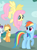 Size: 447x601 | Tagged: safe, screencap, applejack, fluttershy, rainbow dash, rarity, earth pony, pegasus, pony, unicorn, dragonshy, g4, my little pony: friendship is magic, season 1, applejack's hat, cowboy hat, cropped, cute, dashabetes, eyes closed, eyeshadow, female, flying, folded wings, hat, looking at each other, looking at someone, looking down, looking up, makeup, mare, raised hoof, shyabetes, spread wings, standing, wings