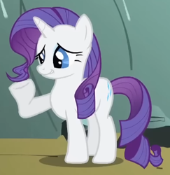 Size: 349x359 | Tagged: safe, screencap, rarity, pony, unicorn, dragonshy, g4, season 1, cropped, faic, raised hoof, solo, standing, worried