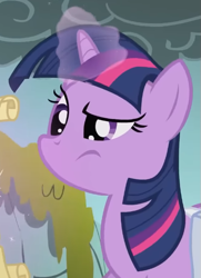 Size: 439x605 | Tagged: safe, screencap, twilight sparkle, pony, unicorn, dragonshy, g4, season 1, confused, cropped, female, looking at something, magic, mare, mouth on side of face, smoke, solo, telekinesis, unicorn twilight