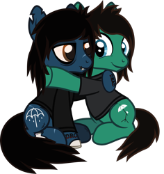 Size: 1159x1227 | Tagged: safe, artist:lightningbolt, derpibooru exclusive, earth pony, pony, undead, zombie, zombie pony, g4, .svg available, bags under eyes, bloodshot eyes, bone, bring me the horizon, brothers, clothes, duo, duo male, fangs, happy, hoof hold, hug, lidded eyes, lip piercing, long sleeves, looking at each other, looking at someone, male, oliver sykes, piercing, ponified, scar, show accurate, siblings, simple background, sitting, smiling, stallion, stitches, svg, tattoo, tom sykes, torn ear, transparent background, vector