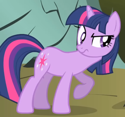 Size: 556x519 | Tagged: safe, screencap, twilight sparkle, pony, unicorn, dragonshy, g4, season 1, cropped, eyebrows, frown, leaning, looking at someone, raised eyebrow, raised hoof, solo, twilight sparkle is best facemaker, twilight sparkle is not amused, unamused, unicorn twilight
