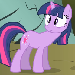 Size: 530x535 | Tagged: safe, screencap, twilight sparkle, pony, unicorn, dragonshy, g4, season 1, cropped, leaning, looking at someone, shocked, shrunken pupils, solo, standing, twilight sparkle is best facemaker, unicorn twilight