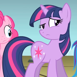 Size: 456x452 | Tagged: safe, screencap, pinkie pie, twilight sparkle, earth pony, pony, unicorn, dragonshy, g4, season 1, cropped, female, frown, looking at someone, looking back, mare, off model, solo focus, standing, unicorn twilight, unsure