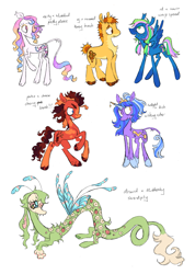 Size: 1459x2048 | Tagged: safe, artist:webkinzworldz, oc, oc only, oc:cherry bomb, oc:honey bunch, oc:pretty please, oc:serendipity, oc:warp speed, oc:wishing star, draconequus, earth pony, hybrid, pegasus, pony, unicorn, g4, antennae, bags under eyes, blue eyes, body markings, brown eyes, butt fluff, butterfly wings, chest fluff, claws, cloven hooves, coat markings, colored hooves, colored horn, colored paws, colored wings, colored wingtips, crown, cute, cute little fangs, ear fluff, ear tufts, elbow fluff, eyeshadow, facial markings, fangs, freckles, golden eyes, gradient legs, gradient mane, gradient tail, green eyes, group, horn, interspecies offspring, jewelry, leonine tail, looking up, makeup, misspelling, multicolored wings, next generation, offspring, pale belly, parent:applejack, parent:caramel, parent:cheese sandwich, parent:discord, parent:flash sentry, parent:fluttershy, parent:pinkie pie, parent:prince blueblood, parent:rainbow dash, parent:rarity, parent:soarin', parent:twilight sparkle, parents:carajack, parents:cheesepie, parents:discoshy, parents:flashlight, parents:rariblood, parents:soarindash, paws, pigtails, pink eyes, ponytail, raised hoof, rearing, regalia, sextet, simple background, socks (coat markings), spread wings, standing, tail, tail fluff, thick eyebrows, unshorn fetlocks, white background, wings, yellow eyes