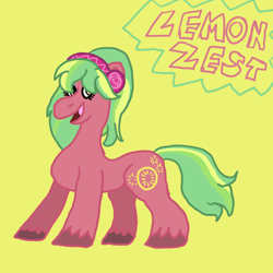 Size: 750x750 | Tagged: safe, artist:mintwhistle, lemon zest, earth pony, pony, equestria girls 10th anniversary, equestria girls, g4, blue eyeshadow, colored hooves, dynamic pose, equestria girls ponified, eyeshadow, female, headphones, makeup, mare, medibang paint, open mouth, open smile, ponified, smiling, solo, unshorn fetlocks