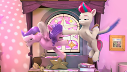 Size: 1366x768 | Tagged: safe, screencap, pipp petals, zipp storm, pegasus, pony, a little horse, g5, my little pony: make your mark, my little pony: make your mark chapter 4, spoiler:g5, spoiler:my little pony: make your mark, 3d, adorable distress, adorapipp, bed, book, cellphone, cute, desperate, duo, duo female, eyes closed, female, flying, hoof hold, indoors, light skin, mare, nope, open mouth, phone, picture, pillow, pink mane, pink skin, png, purple mane, royal sisters (g5), siblings, sisters, sisters being sisters, smartphone, smug, smugzipp, spread wings, wings