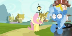 Size: 1551x774 | Tagged: safe, artist:c4n4ry0nl1n3, fluttershy, trixie, pegasus, pony, unicorn, g4, duo, ponyville, ponyville town hall, startled, streetlight, trash can