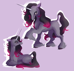 Size: 2875x2775 | Tagged: safe, artist:tuherrus, oleander (tfh), classical unicorn, pony, unicorn, them's fightin' herds, cloven hooves, community related, high res, horn, leonine tail, lying down, prone, purple background, simple background, solo, unshorn fetlocks