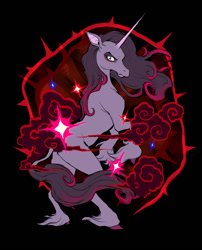 Size: 1174x1455 | Tagged: safe, artist:tuherrus, oleander (tfh), classical unicorn, pony, unicorn, them's fightin' herds, angry, black background, cloven hooves, community related, horn, leonine tail, magic, rearing, scowl, simple background, solo, unshorn fetlocks