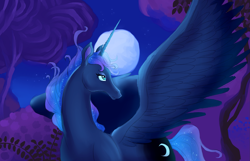 Size: 2671x1719 | Tagged: safe, artist:tuherrus, princess luna, alicorn, pony, g4, full moon, moon, solo, style emulation, the last unicorn