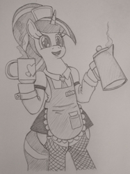 Size: 598x800 | Tagged: safe, artist:jargon scott, oc, oc only, oc:java chip, pony, unicorn, apron, barista, bipedal, clothes, coffee mug, coffee pot, female, fishnets, grayscale, hoof hold, looking at you, magnetic hooves, maid, mare, monochrome, mug, necktie, open mouth, open smile, pencil drawing, skirt, smiling, smiling at you, solo, traditional art