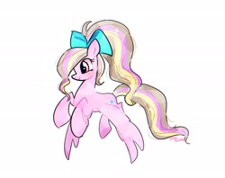 Size: 2048x1620 | Tagged: safe, artist:petaltwinkle, oc, oc only, oc:petal twinkle, pegasus, pony, bow, crystallized, female, flying, hair bow, mare, simple background, smiling, solo, white background, wings, wings down