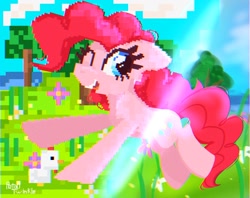 Size: 1024x810 | Tagged: safe, artist:petaltwinkle, pinkie pie, bird, chicken, earth pony, pony, g4, female, looking at you, mare, one eye closed, open mouth, open smile, pixel art, smiling, smiling at you, solo, wink, winking at you