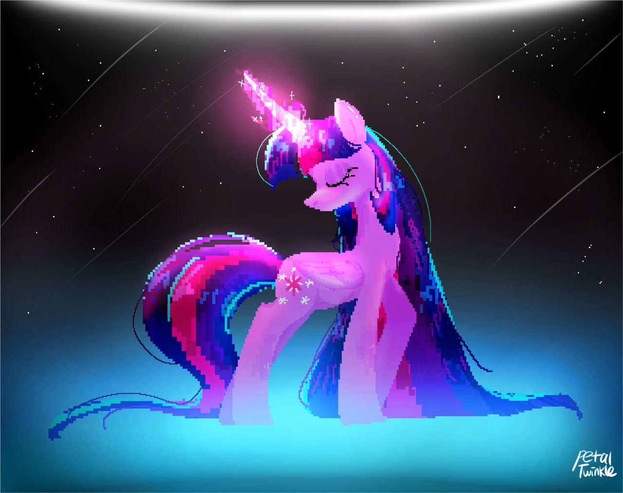 [alicorn,eyes closed,female,glowing,glowing horn,horn,mare,pixel art,pony,safe,signature,solo,twilight sparkle,twilight sparkle (alicorn),turned head,artist:petaltwinkle]