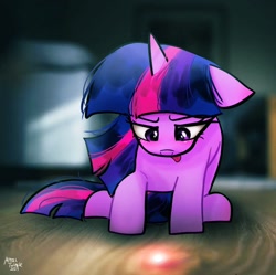 Size: 1024x1021 | Tagged: safe, artist:petaltwinkle, twilight sparkle, pony, unicorn, g4, behaving like a cat, female, floppy ears, laser pointer, looking at something, looking down, mare, signature, solo, tongue out, twilight cat, unicorn twilight