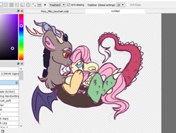 Size: 1177x886 | Tagged: safe, artist:pvnkbats, discord, fluttershy, draconequus, pegasus, pony, g4, antlers, duo, female, hand on face, hoof on chest, horn, interspecies, keychain, looking at each other, looking at someone, male, screenshots, ship:discoshy, shipping, sketch, smiling, smiling at each other, straight, wings, wip