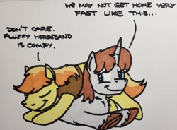 Size: 2047x1504 | Tagged: safe, artist:hoofclid, braeburn, oc, oc:hoofclid, earth pony, pony, unicorn, g4, canon x oc, dialogue, duo, eyes closed, gay, hatless, looking back, lying down, male, missing accessory, pony on pony action, prone, shipping, smiling, sploot, stallion, stallion on stallion, traditional art