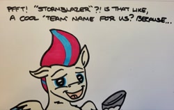 Size: 2048x1293 | Tagged: safe, artist:hoofclid, zipp storm, pegasus, pony, g5, dialogue, female, floppy ears, implied shipping, implied stormblazer, implied straight, looking at you, mare, open mouth, open smile, smiling, smiling at you, solo, talking to viewer, traditional art