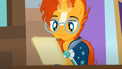 Size: 1280x720 | Tagged: safe, artist:agrol, sunburst, pony, unicorn, headmare of the school, g4, blaze (coat marking), clothes, coat markings, facial markings, glasses, magic, magic aura, robe, school of friendship, solo