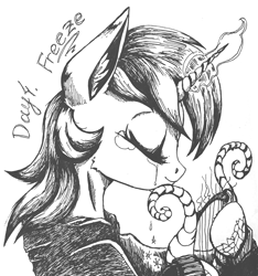 Size: 1922x2052 | Tagged: safe, artist:liz-kotlin, lyra heartstrings, pony, unicorn, fanfic:background pony, g4, black and white, clothes, crying, dig the swell hoodie, grayscale, hoodie, inktober, inktober 2020, lyre, magic, monochrome, musical instrument, sad, solo