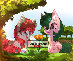 Size: 1200x1000 | Tagged: safe, artist:rosebutterfly014, oc, earth pony, pony, commission, dappled sunlight, flower, food, obtrusive watermark, orange, tree, tulip, watermark, ych result