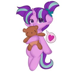 Size: 2048x2048 | Tagged: safe, artist:sinnamonsol, starlight glimmer, pony, unicorn, g4, cute, female, filly, filly starlight glimmer, foal, glimmerbetes, heart, high res, pigtails, plushie, simple background, solo, speech bubble, teddy bear, transparent background, younger