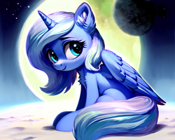 Size: 2560x2048 | Tagged: safe, ai assisted, ai content, artist:felisamafeles, derpibooru exclusive, editor:felisamafeles, generator:pony diffusion v5, generator:purplesmart.ai, generator:stable diffusion, princess luna, alicorn, pony, g4, chest fluff, cute, ear fluff, earth, female, filly, high res, looking at you, lunabetes, moon, on the moon, smiling, solo, space, tail, woona, younger