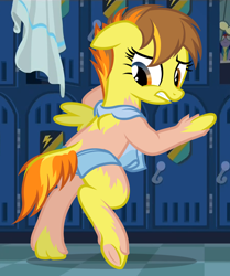 Size: 1080x1290 | Tagged: safe, artist:anonymous, spitfire, pegasus, pony, g4, /ptfg/, asymmetrical, bipedal, bipedal leaning, brown hair, dock, female, gritted teeth, human to pony, leaning, light skin, locker room, lockers, mare, mid-transformation, show accurate, small wings, solo, tail, teeth, towel, transformation, underhoof, wings