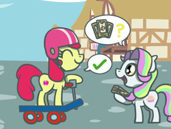 Size: 1800x1350 | Tagged: safe, artist:flutterluv, part of a set, apple bloom, coconut cream, earth pony, pony, g4, atg 2023, card, check mark, dialogue, duo, female, filly, foal, helmet, newbie artist training grounds, ponyville, question mark, scooter, smiling, speech bubble, tarot card