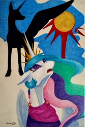 Size: 2216x3327 | Tagged: safe, artist:cahandariella, nightmare moon, princess celestia, alicorn, pony, g4, clothes, crown, crying, fanfic art, high res, jewelry, newbie artist training grounds, regalia, sun, teary eyes, traditional art