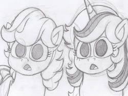 Size: 1920x1440 | Tagged: safe, artist:taylerthecartoonboy2001, rainbow dash, twilight sparkle, g4, 60s, black and white, gasp, grayscale, monochrome, paper, pencil drawing, sketch, traditional art