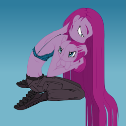 Size: 1107x1107 | Tagged: safe, artist:liz-kotlin, pinkie pie, human, g4, angry, blue background, boots, bra, clothes, female, gradient background, hug, humanized, long hair, pinkamena diane pie, plushie, shoes, sitting, skinny, solo, thin, underwear