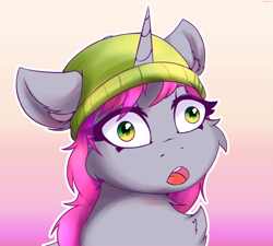 Size: 3113x2802 | Tagged: safe, artist:legionsunite, mint grove, pony, unicorn, g5, my little pony: a new generation, beanie, bing bong, draw this in your style, gradient background, hat, high res, implied mayonnaise, solo, wide eyes