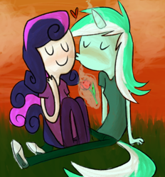 Size: 618x666 | Tagged: safe, artist:ghost, bon bon, lyra heartstrings, sweetie drops, human, g4, 2011, adventure time, cheek kiss, duo, eyes closed, female, flower, heart, horn, horned humanization, humanized, kissing, lesbian, magic, noodle arms, rose, ship:lyrabon, shipping, smiling, style emulation, telekinesis