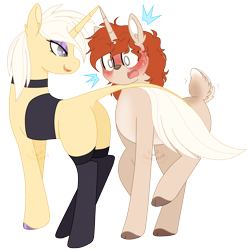 Size: 1581x1584 | Tagged: safe, artist:traveleraoi, oc, oc only, oc:pepper dust, oc:sunset skies, deer, deer pony, original species, pony, unicorn, unideer, bedroom eyes, blushing, blushing profusely, butt, choker, clothes, cloven hooves, colored hooves, colored pupils, deer oc, duo, duo male, ear fluff, embarrassed, eyelashes, eyeshadow, femboy, fluffy tail, gay, hoof polish, hooves, horn, leggings, leonine tail, lidded eyes, makeup, male, non-pony oc, oc x oc, open mouth, outfit, plot, seduction, seductive, seductive look, shipping, shocked, short tail, simple background, stallion, stallion on stallion, stockings, tail, tail seduce, teasing, thigh highs, transparent background, trap, unicorn oc, watermark, wide eyes