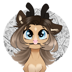 Size: 3000x3000 | Tagged: safe, artist:silverfir, oc, oc:silverfir, deer, deer pony, original species, pony, abstract background, big eyes, floppy ears, fluffy, high res, looking at you, smiling, smiling at you, solo, spots