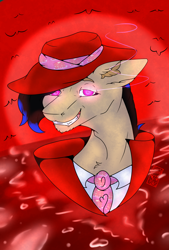Size: 1300x1920 | Tagged: safe, alternate version, artist:drawingkitty24, oc, oc:pancakehumper, undead, vampire, vampony, bats!, g4, alucard, blood moon, chin fluff, clothes, cocky, commission, commission example, cosplay, costume, detailed, detailed background, ear fluff, hellsing, hellsing ultimate, hellsing ultimate abridged, looking at you, male, male oc, moon, pink eyes, smiling, smirk, soft shading, solo, stallion