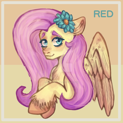 Size: 1280x1280 | Tagged: safe, artist:justredcolor, fluttershy, pegasus, pony, g4, deviantart watermark, female, flower, flower in hair, mare, obtrusive watermark, solo, unshorn fetlocks, watermark