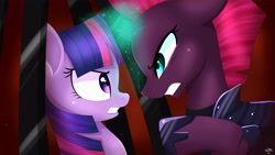 Size: 4000x2250 | Tagged: safe, artist:milkymitsuki, tempest shadow, twilight sparkle, alicorn, pony, unicorn, g4, my little pony: the movie, cage, duo, female, glowing, glowing horn, gritted teeth, high res, horn, looking at each other, looking at someone, magic, mare, open up your eyes, pointing, princewhateverer, scene interpretation, teeth, twilight sparkle (alicorn), watermark