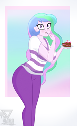 Size: 1560x2527 | Tagged: safe, artist:theretroart88, princess celestia, principal celestia, human, equestria girls, g4, big breasts, breasts, busty princess celestia, cake, cakelestia, caught, cleavage, clothes, cougar, curvy, dessert, eating, female, food, fork, looking at you, pants, shirt, short sleeves, solo