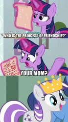 Size: 892x1600 | Tagged: safe, edit, edited screencap, screencap, twilight sparkle, twilight velvet, alicorn, pony, unicorn, g4, marks for effort, magic, telekinesis, twilight sparkle (alicorn), your mom