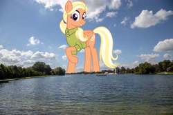 Size: 6625x4417 | Tagged: safe, artist:cheezedoodle96, edit, editor:jaredking779, mane allgood, pegasus, pony, g4, absurd resolution, clothes, cloud, female, folded wings, giant pony, giantess, grin, highrise ponies, irl, looking at you, macro, mare, photo, ponies in real life, raised hoof, scenery, shirt, sky, smiling, solo, story included, tree, water, wings