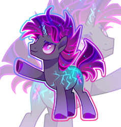 Size: 2129x2236 | Tagged: safe, artist:anno酱w, oc, oc only, pony, unicorn, base used, cracked horn, high res, horn, lightning, looking forward, looking up, magical lesbian spawn, male, male oc, offspring, parent:tempest shadow, parent:twilight sparkle, parents:tempestlight, raised hoof, simple background, smiling, solo, white background
