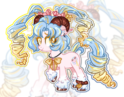 Size: 2852x2239 | Tagged: safe, artist:anno酱w, oc, oc only, sheep, sheep pony, base used, bell, belt, bow, candy, commission, curved horn, ear piercing, food, heart, high res, horn, horns, jewelry, necklace, piercing, raised hoof, smiling, solo