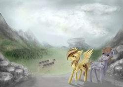 Size: 3507x2480 | Tagged: safe, artist:kukseleg, oc, oc only, oc:prince whateverer, pegasus, pony, duo, equal cutie mark, frown, high res, male, our town, scenery, stallion