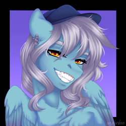 Size: 2048x2048 | Tagged: safe, artist:enderbee, oc, oc:ice, pegasus, pony, bust, chest fluff, commission, ear piercing, earring, fangs, female, hat, high res, jewelry, lidded eyes, mare, piercing, portrait, purple background, raised hoof, sharp teeth, simple background, smiling, solo, teeth, toothy grin, wings